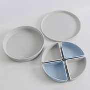 Baby by Beach Tableware Set in Misty Sky, Featuring the Plate, Bowl and 4 dividers in beautiful stone and misty blue tones.